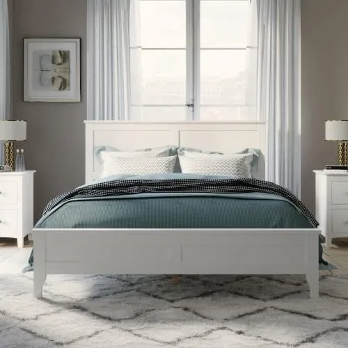 Miniatura 3 de Majnesvon Cama de plataforma de tamaño matrimonial con cabecera y estribo, cama de plataforma de madera maciza blanca de estilo conciso tradicional
