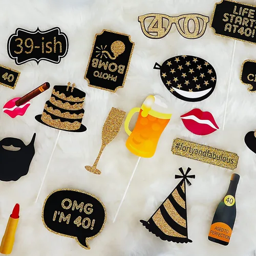 Miniatura 6 de Accesorios para cabina de fotos de cumpleaños 40 – 41 piezas de decoración negra y dorada, divertidos suministros de fiesta de hitos para hombres