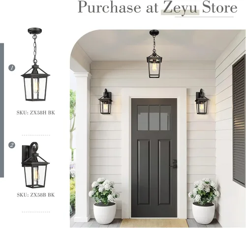 Miniatura 3 de zeyu ZX58B BK - Lámpara de porche frontal para exteriores, lámpara de pared exterior de 14 pulgadas para jardín de casa, aluminio fundido con vidrio