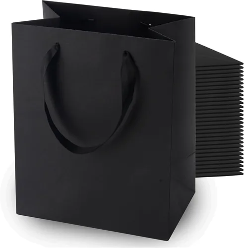 MOXARYSU Bolsas de regalo negras con asas: 8 x 5 x 10 pulgadas, 30 bolsas de papel negras medianas a granel para fiestas, compras, cumpleaños, bodas