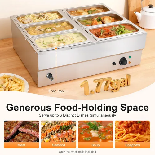 Miniatura 5 de Calentador de alimentos eléctrico comercial de 6 bandejas, 110 V, 850 W, de acero inoxidable, para encimera de bufé, vaporizador de vapor, mesa de 6