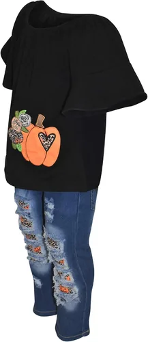 Miniatura 2 de Unique Baby Conjunto de jeans rasgados de mezclilla con estampado de animales para niñas, Granate