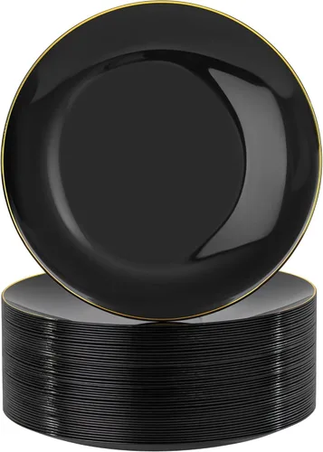 Miniatura 19 de Nervure - Juego de 100 platos de plástico desechables negros de 7.5 pulgadas, platos de postre negros desechables, platos de plástico dorado