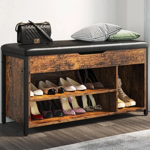 Banco para zapatos, banco de almacenamiento de zapatos con tapa elevable, banco de entrada con estante ajustable, organizador de zapatero de metal y
