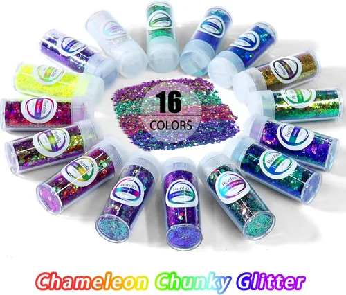 Miniatura 2 de Renfio Chameleon Purpurina Gruesa con Brillo, Juego de Purpurina de Resina de 16 Colores que Cambian de Color, Cada uno 10g/0.35oz, Copos