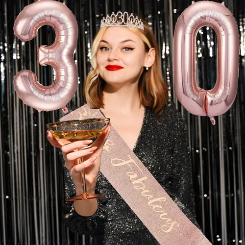 Miniatura 5 de Decoraciones de cumpleaños de 30 años para ella, banda y corona de cumpleaños de 30 años, adorno para pastel de cumpleaños y velas, tarjeta