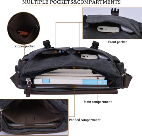 Miniatura 4 de Bolsa de mensajero vintage de lona para laptop de 15.6 pulgadas para hombres y mujeres, bolsa de hombro para computadora universitaria, maletines