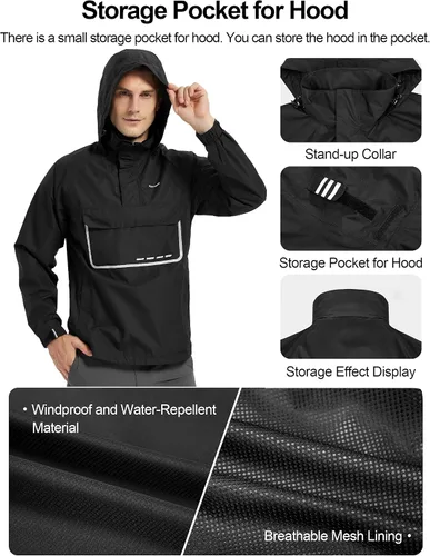 Miniatura 3 de KUTOOK Chaqueta impermeable para hombre con capucha reflectante, rompevientos, ligera, transpirable, con bolsillos