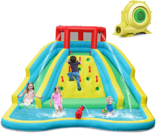 Miniatura 11 de KOTEK Tobogán acuático inflable, parque acuático gigante inflable con piscina grande para salpicaduras, 2 toboganes, pared de escalada y manguera