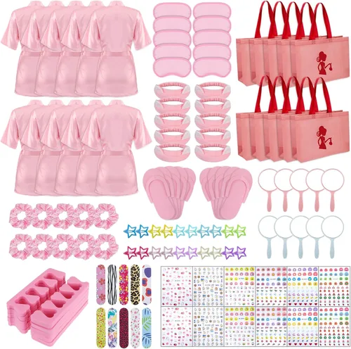 Kit de 122 piezas de fiesta de spa rosa para niñas, paquete de 10 recuerdos de fiesta de pijamas con batas de satén, bolsas de mano y accesorios de