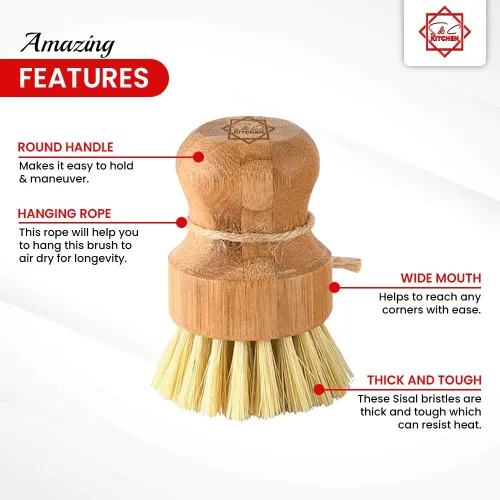 Miniatura 4 de S&C Kitchen - Cepillo de bambú para limpiar sartén, verduras, platos, wok, platos para cocina, baño, hecho de cerdas de palma y sisal con mango