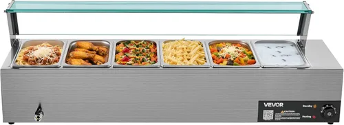 VEVOR Calentador de Alimentos Comercial, Calentador de Alimentos al Vapor Eléctrico de Acero Inoxidable de 1500W con Tapa de Vidrio, 6 Bandejas de