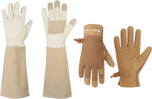 HANDLANDY Paquete - 2 pares: guantes largos de jardinería para poda de rosas, guantes de trabajo de patio resistentes para mujer, color beige,