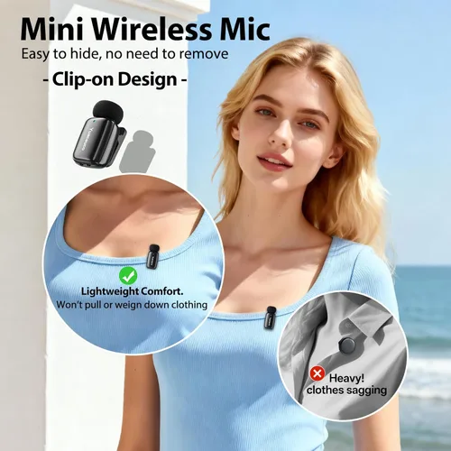 Miniatura 5 de Mini micrófono inalámbrico Lavalier para iPhone, iPad, Android, reducción de ruido y silencio, funda de carga de 33 horas, cambiador de voz AI