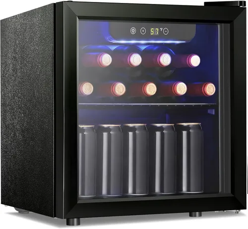 Antarctic Star Refrigerador de vino para 12 botellas de 48 latas/gabinete de bebidas, mini refrigerador de bajo ruido de vidrio transparente para