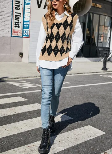 Miniatura 5 de HOCOSIT Chaleco de punto con cuello en V para mujer, estilo preppy a cuadros, sin mangas, suéter corto