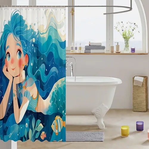 Miniatura 3 de Homewish Cortina de ducha de sirena azul con diseño de princesa sirena, juego de cortina de ducha para niños y adultos, cortina de baño subacuática