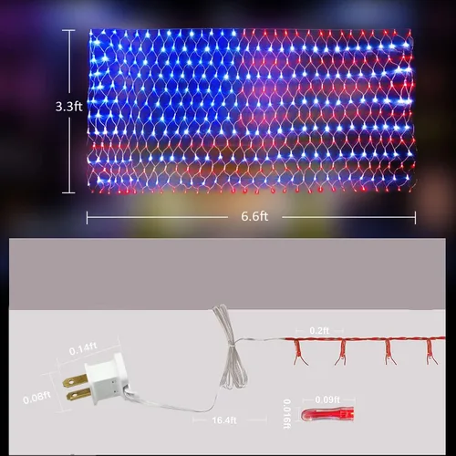 Miniatura 7 de Luces de bandera estadounidense, 420 luces LED de red de bandera de Estados Unidos, decoraciones del 4 de julio, decoración patriótica impermeable