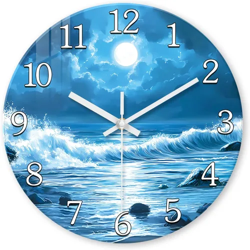 XFM Reloj de pared azul con pilas, 12 pulgadas, silencioso, sin tictac, de cristal, luna, océano, ondas, relojes redondos para decoración de cocina,