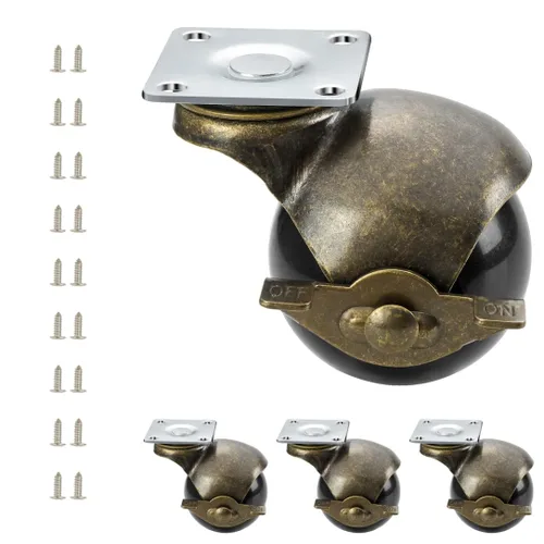JGJC Ruedas giratorias de latón antiguo de 2 pulgadas con freno, juego de 4 ruedas de bola maciza, resistentes | Ruedas giratorias vintage para