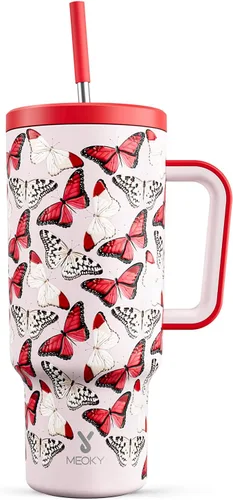 Miniatura 20 de Meoky - Vaso de 30 oz con asa, tapa y pajilla, taza de viaje térmica de acero inoxidable 100% a prueba de fugas, para portavasos, mantiene el frío