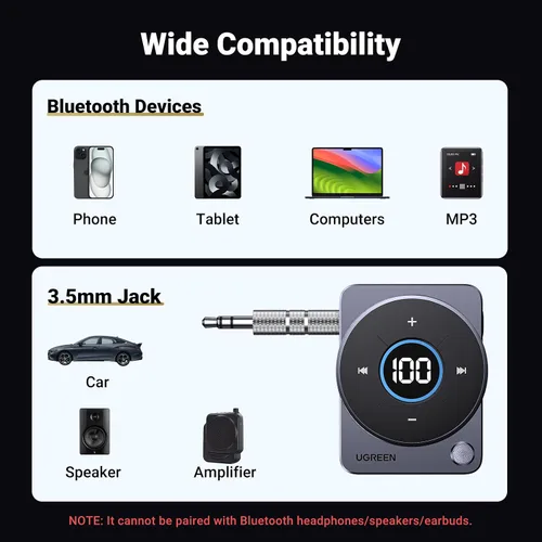 Miniatura 3 de UGREEN Adaptador Bluetooth 5.4 para automóvil, [cancelación de ruido] Receptor Bluetooth Aux para automóvil, receptor de audio inalámbrico de 3.5mm