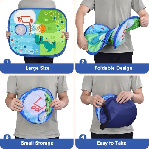 Miniatura 7 de Juego de juegos de cornhole de dinosaurio para niños, juego de lanzamiento de bolsas de frijoles 6 en 1, tablero de dardos de baloncesto