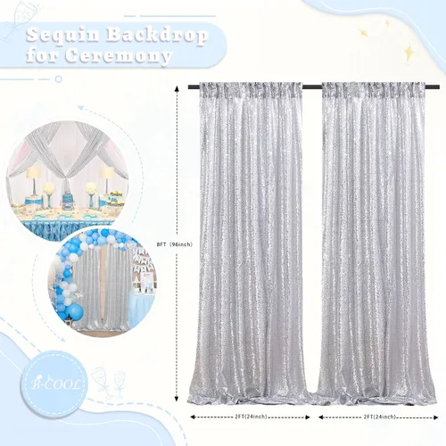 Miniatura 3 de B-COOL Cortinas de fondo de lentejuelas plateadas, 2 paneles de 2 x 8 pies, cortina de lentejuelas navideñas para fondo, cortinas plateadas