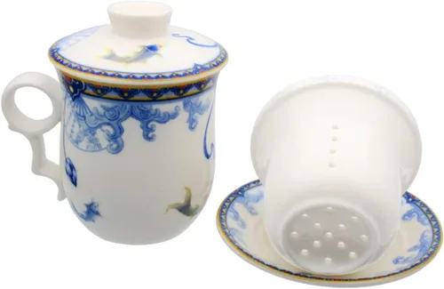 Miniatura 6 de Taza de té de porcelana con tapa de infusor y juegos de platillos Taza de café de cerámica china Jingdezhen Taza de té de hoja suelta Sistema