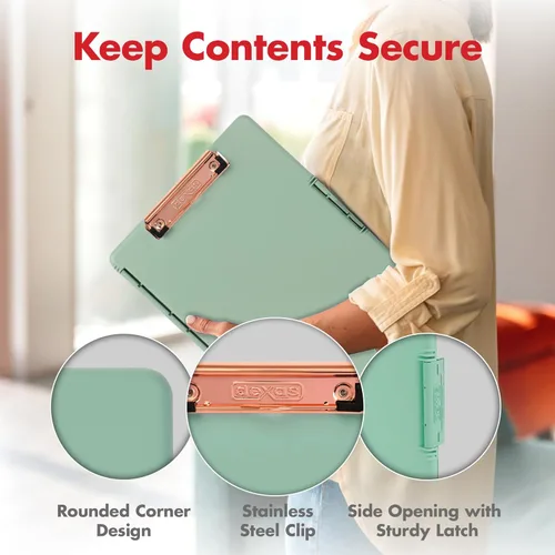Miniatura 4 de Dexas Slimcase 2 - Portapapeles de plástico con almacenamiento y apertura lateral, color verde espuma con clip dorado, suministros de oficina