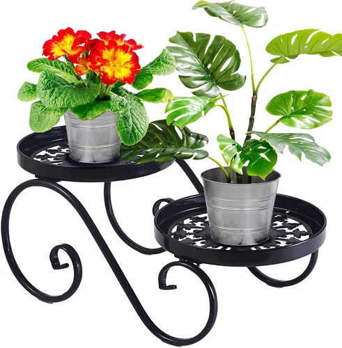 Soporte para Plantas de 2 Niveles Negro, Soporte de Flores de Metal para Interiores y Exteriores, Estante de Plantas de Hierro Antióxido, Soportes