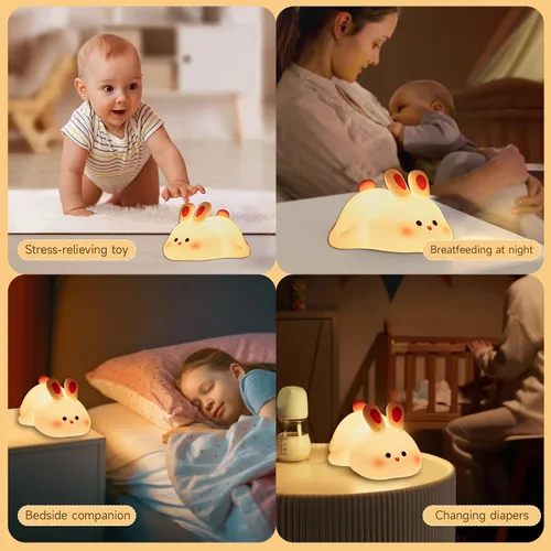 Miniatura 8 de Luz Nocturna de Conejo de Cara Grande, Adorable Lámpara Nocturna LED de Conejito, Luz Nocturna de Guardería de Silicona Regulable para Niñas, Luces