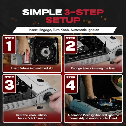 Miniatura 6 de Chef Master Estufa de campamento portátil de butano de 15,000 BTU Quemador portátil de doble protector contra el viento con encendido de clic Solo