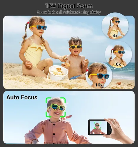 Miniatura 5 de Cámara digital 4K, cámara digital compacta digital de enfoque automático, zoom digital de 16X, cámara de viaje mejorada con tarjeta SD de 64 GB, 2