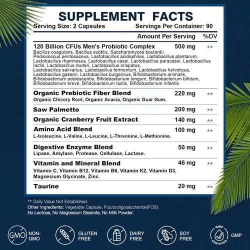 Miniatura 7 de DRFOSTER Probióticos para hombres Salud digestiva, 120 mil millones de UFC probióticos para hombre con enzimas y prebióticos y palma enana americana