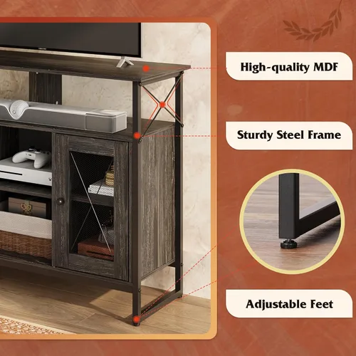 Miniatura 6 de WLIVE Soporte de TV para TV de 43 pulgadas, pequeño centro de entretenimiento con gabinete de almacenamiento y estantes ajustables, soportes de TV