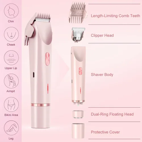 Miniatura 4 de ANFOOS Afeitadora eléctrica 2 en 1 y recortadora de bikini para mujer, impermeable, en húmedo y seco, recargable, para cara, piernas, axilas, Rosa