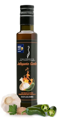 Calivirgin Aceite de oliva virgen extra con sabor a ajo jalapeño con infusión de ajo, aceite de oliva prensado en frío, aceite de oliva jalapeño,