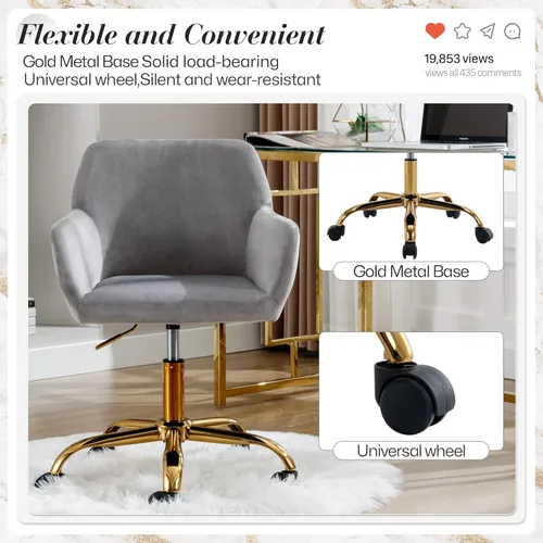 Miniatura 6 de Silla de Escritorio Giratoria de Piel Sintética de 360°, Moderno Sillón de Oficina en Casa Ajustable en Altura con Base Dorada para Adolescentes