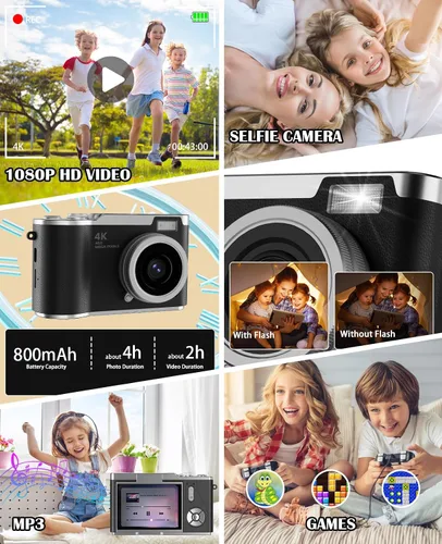 Miniatura 5 de Cámara para niños, cámara digital 4K para fotografía, cámara de video selfie HD 1080P de 48MP, con pantalla giratoria de 180° y flash, con tarjeta