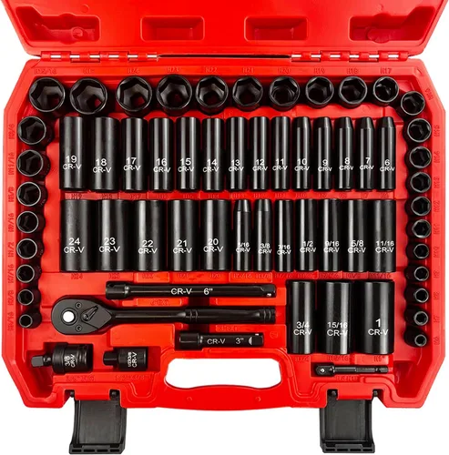 EACELIY Juego de llaves de 64 piezas de 3/8", Juego de llaves de impacto, SAE/métrico, profundo y poco profundo, acero Cr-V, 6 puntas con