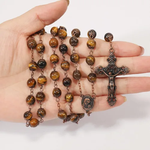 Miniatura 6 de Nazareth Store Collar de rosario con cuentas de piedra natural, 0.315 in, diseño de cobre antiguo, medalla de suelo sagrado y cruz en bolsa