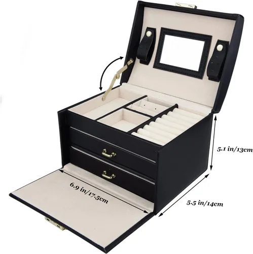 Miniatura 6 de Caja de joyas de piel Goldwheat con cerradura y espejo. Excelente regalo para mujeres., Cuero sintético, Negro, M