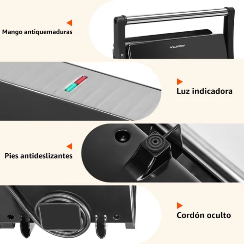 Miniatura 7 de Panini - Parrilla de prensa, sandwichera Aigostar de 1000 W con placas antiadherentes de cerámica, abre 180 grados para cualquier tamaño de Negro
