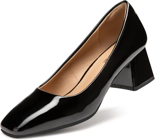 Heel The World Zapatos de tacón bajo y grueso para mujer, zapatos de vestir de charol con punta cuadrada para fiesta, oficina