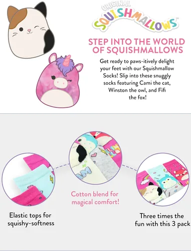 Miniatura 6 de Squishmallows Calcetines de algodón para niños, paquete de 3, paquete de 3, Squish Squish Squad para niñas, paquete de 3
