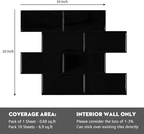Miniatura 2 de Azulejo de metro negro para despegar y pegar, azulejos autoadhesivos para pared de cocina (10 x 10 pulgadas, 10 hojas)