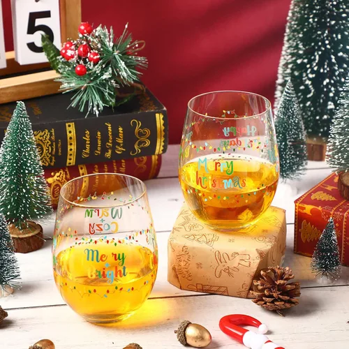 Miniatura 4 de 2 copas de vino sin tallo, taza divertida de 17 onzas con texto en inglés «Merry Christmas & New Year» – Regalos para mujeres, hombres, mamá, papá