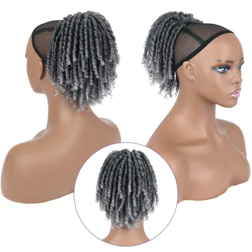 Miniatura 15 de Oseti Extensiones de cabello de cola de caballo gris con cordón para mujeres negras, 18 pulgadas, extensiones de cabello sintético rizado con clip