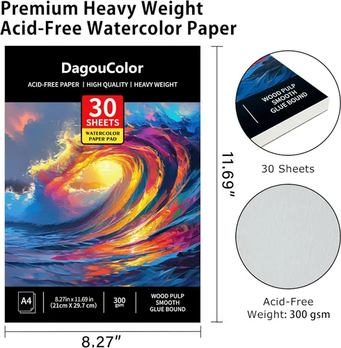 Miniatura 2 de DagouColor Bloc de papel de acuarela, A4, paquete de 2, 30 hojas cada una, papel prensado en frío de 140 libras/10.58 oz/m², libro de artista